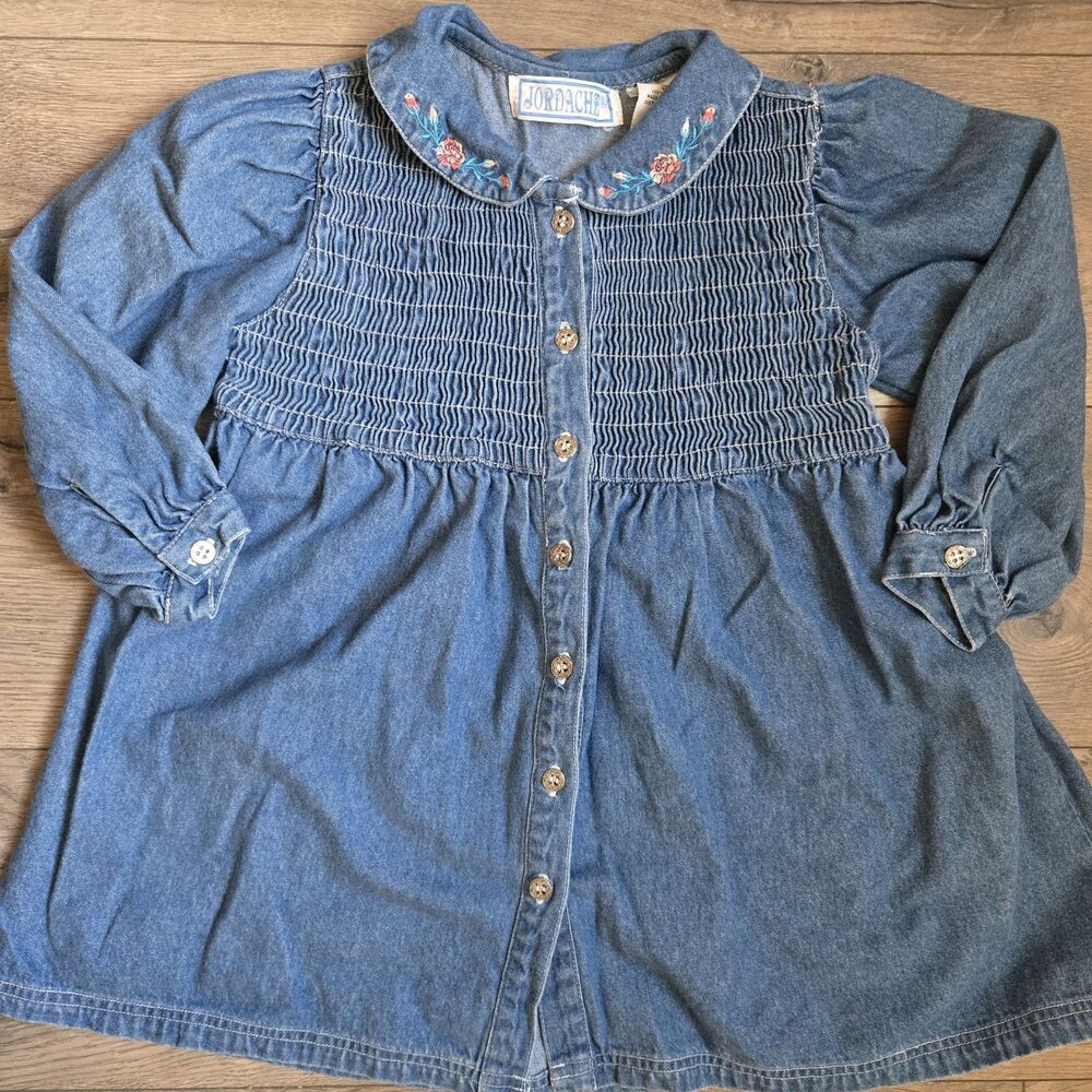VTG 90s Jordache Girls 6X Blue Denim Smocked Dress Embroidered Peter Pan Collar